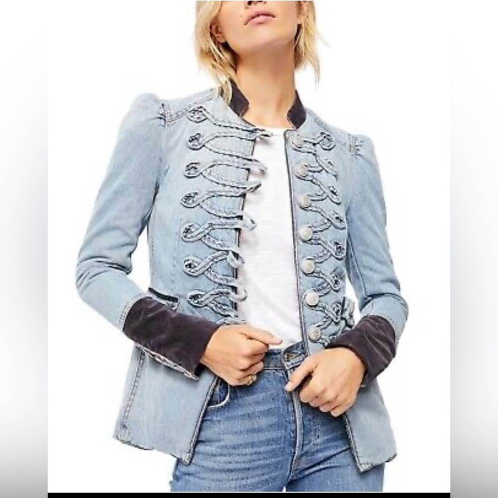 Free People Light Blue Denim Military-Style Jean Jacket with Dark Trim
